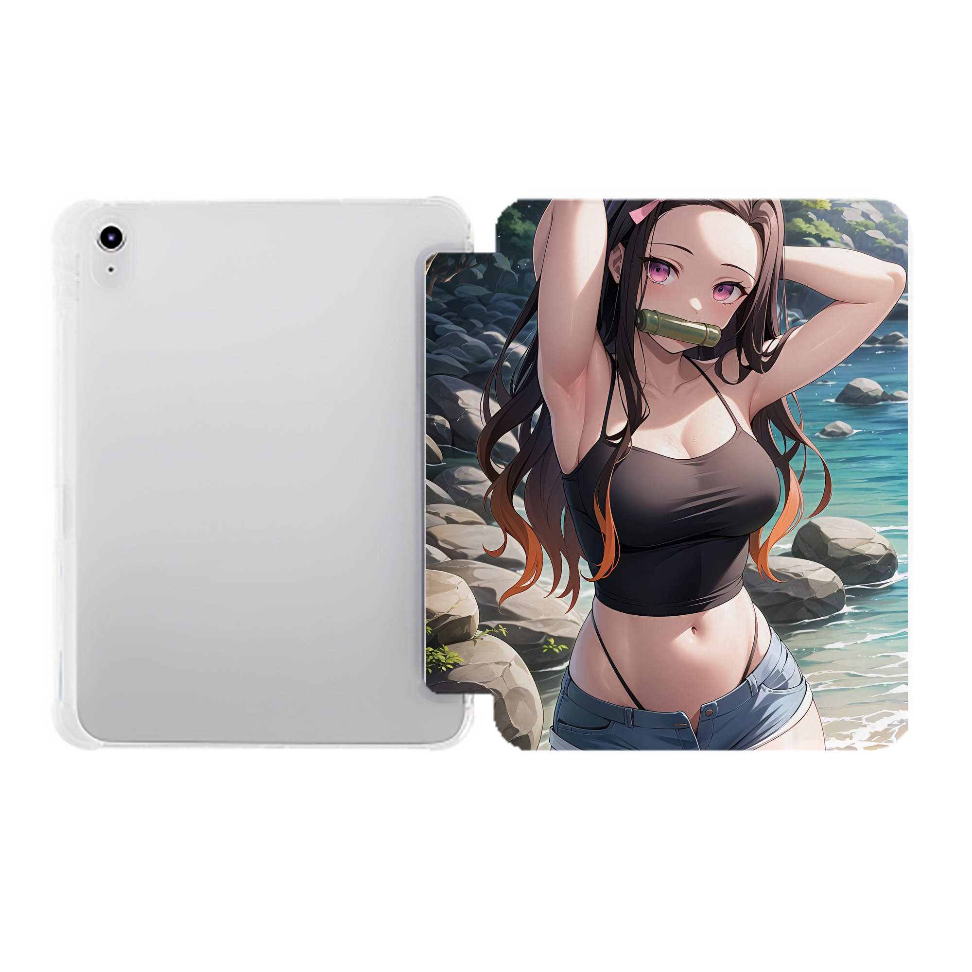 （画像用） 鬼滅の刃（きめつのやいば）竈門 禰󠄀豆子／かまど ねずこ Kamado Nezuko IPad ケース ペン収納付き 三つ折りスタンド PUレザー×シリコン 対応機種9.5/10.5/10.9インチ